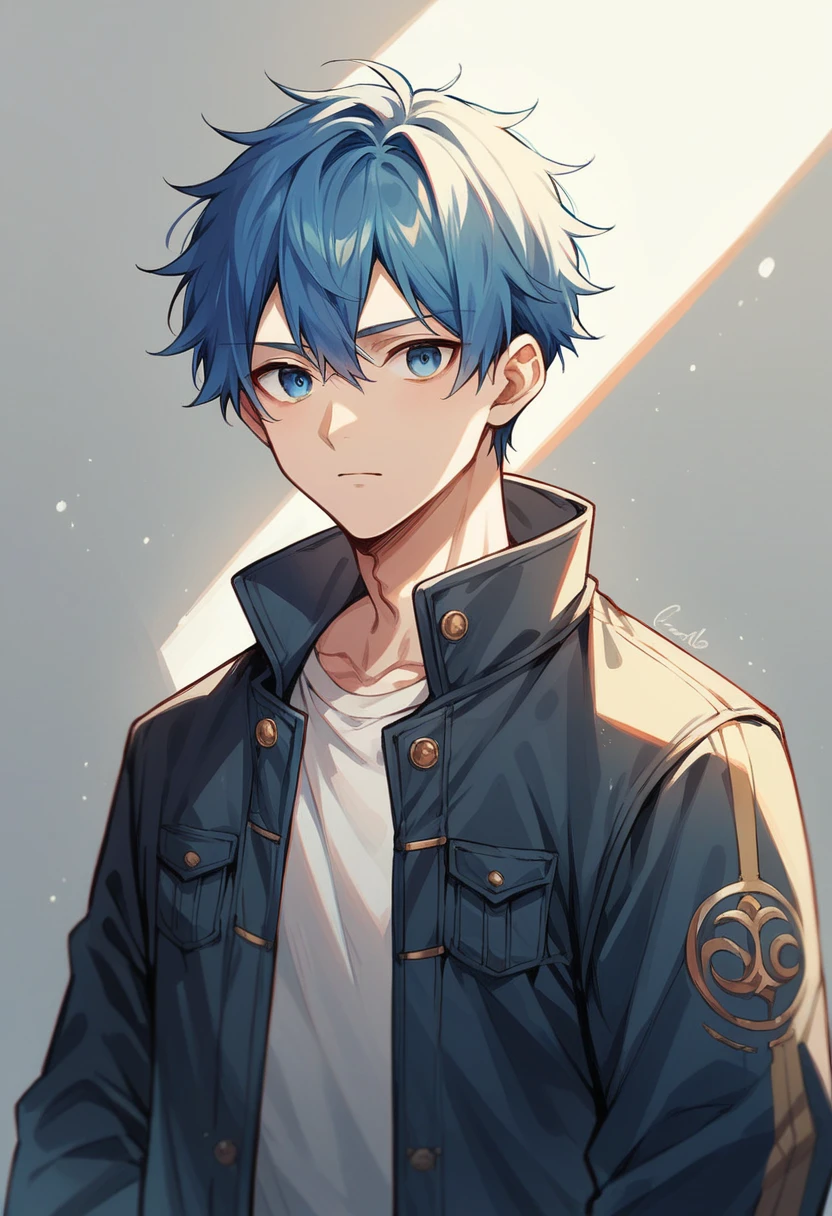 Blue hair, blue eyes anime boy ,wearing a jacket