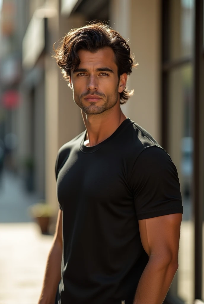 Draw a handsome male model, not a bodybuilder, but physically, slightly muscular, aesthetically similar to David laid body, with black hair and black eyebrows in his jersey
