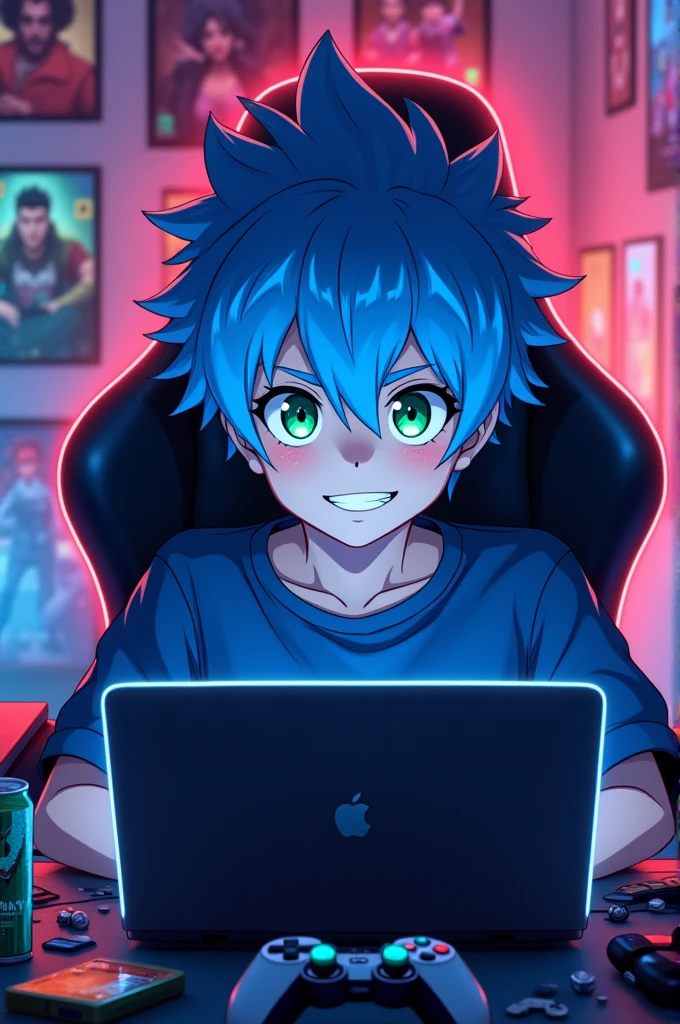anime boy front of computers, laptop, i phone 15 pro max, gaming room with smile face
