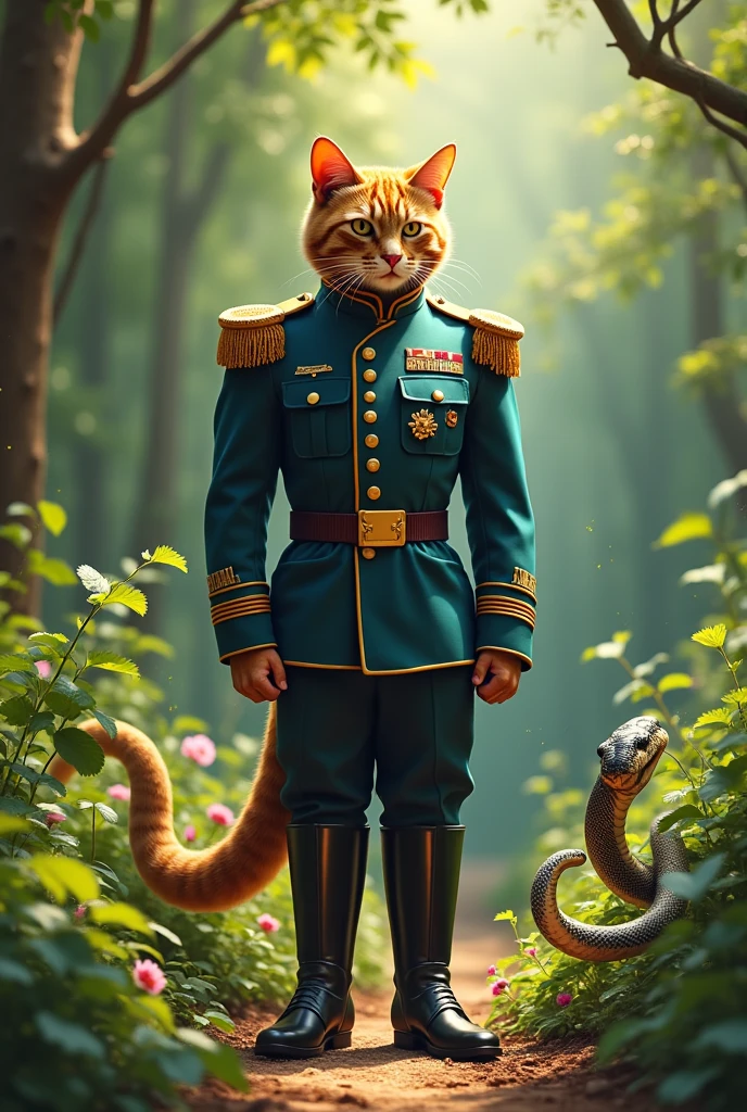 big giant cat in uniform. He has a belt around his waist, beautiful boots on your feet. At that moment, a large, giant, shiny snake emerged from it.. The cat killed the snake.