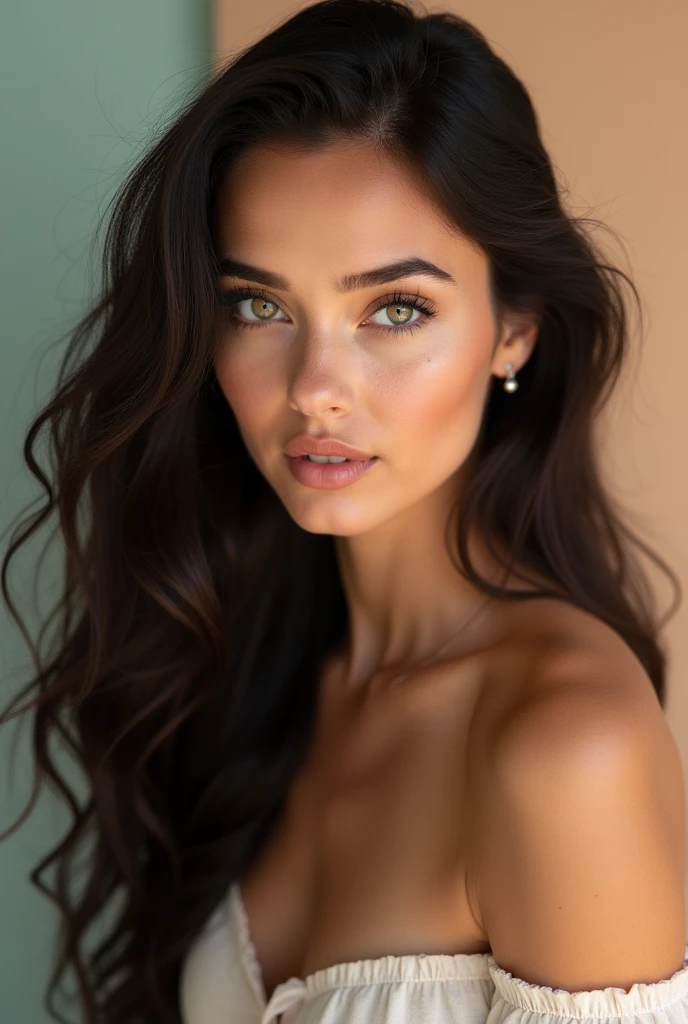 Model for instagram, a beautiful modern portrait of a 30-year-old french woman with light skin and dark green eyes, sexy model facing the camera. She has long, dark hair with a natural flow and a warm, inviting expression and sexy pose