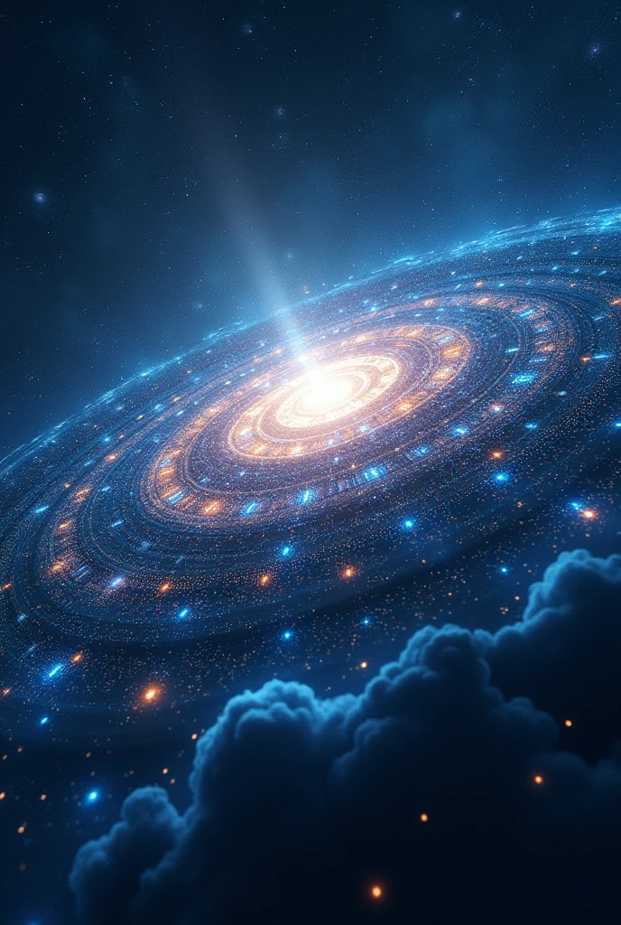 The Universe of Big Data, servers, data streams. Emblems and logos of major data processing and storage companies revolve around a star. At the center of it all is a massive star.. There are symbols on the star "PM"