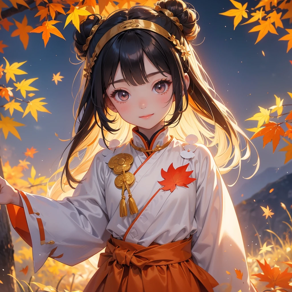 A chibi child girl had a small face and Wearing a white little Taoist priest's outfit. A pair of big round eyes shone with curiosity about him. This child was so cute!, Burning joss paper and gold paper for the departed spirits, her hair is black with two buns on her hair.small chibi, chibi baby, smiling.
The little chibi baby looked up with his chest raised, and his face was old and proud.
The backdrop is a mountain that turns orange-red in spring, and maple leaves fall from the trees.