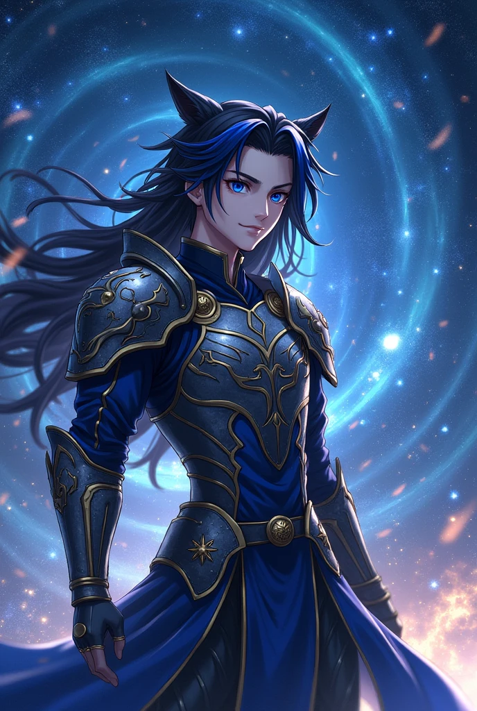put the name: (The Eminent Divine Spirit), written in the drawing, as if it were a book cover. Create a character, AGE HUMAN MALE WITH ARMOR WITH WOLF DESIGNS on the armor with traces of the drawing in JAPANESE ANIME style. put the name: (The Eminent Divine Spirit), written in the drawing, as if it were a book cover. IN a cosmic environment, long black hair with a cobalt blue streak in one hair, cobalt blue eyes. put the name: (The Eminent Divine Spirit), written in the drawing, as if it were a book cover.