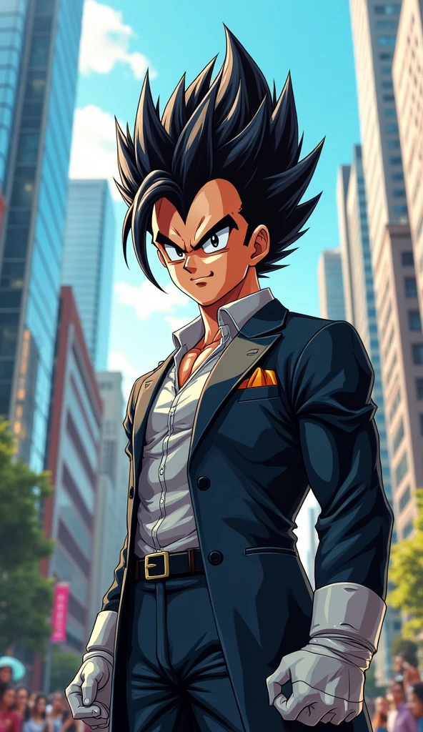 Vegeta, Dragon Ball Z, wearing a modern outfit, looking proud, 8k quality, very detailed, awesome pose, streets background, realistic, half body picture, portrait picture, black saiyan hair