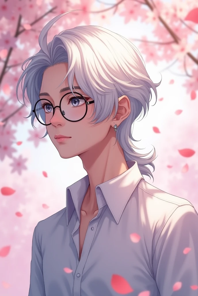 2d photo, white hair, two block mullet hairstyle, male, glasses, quiet, anime