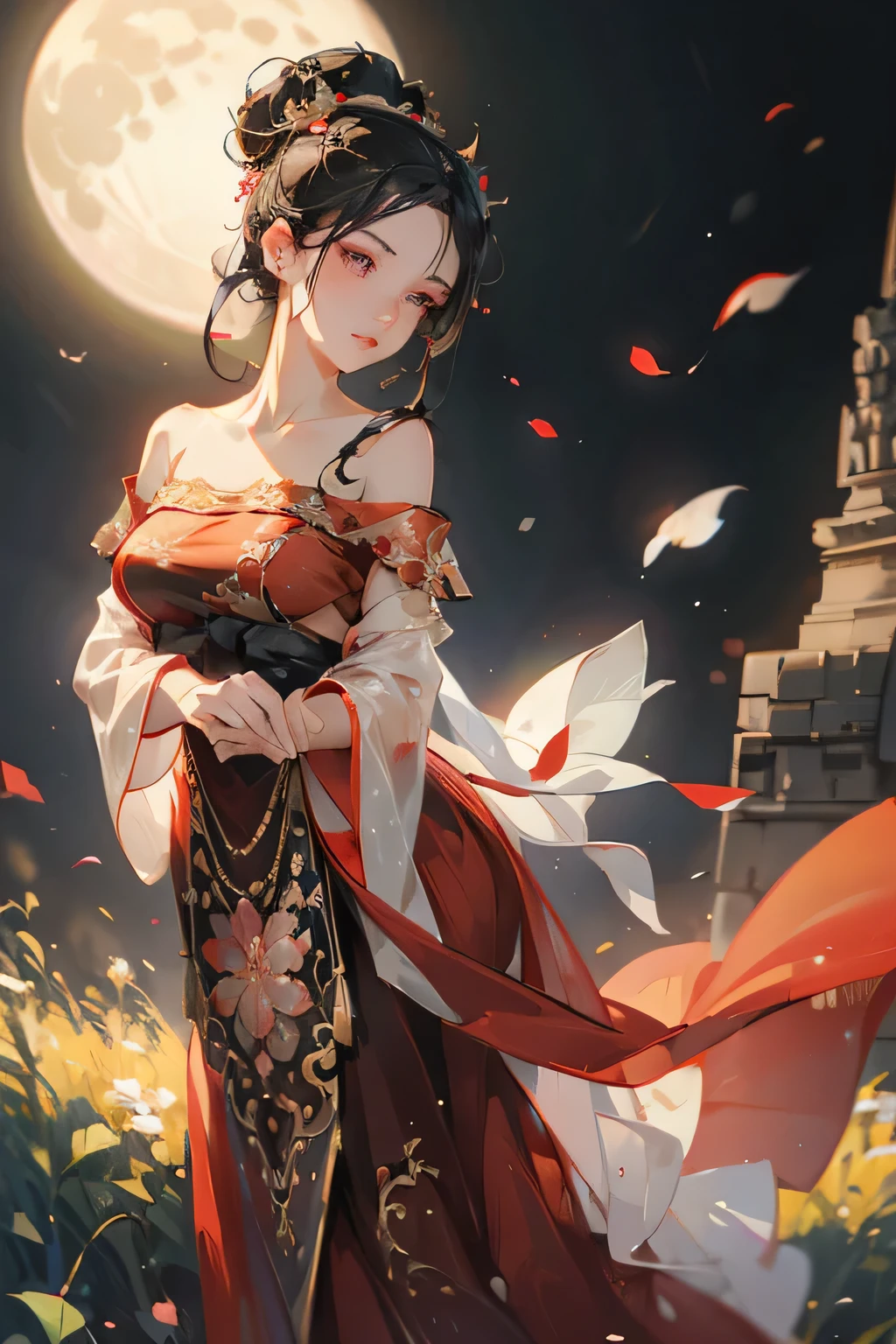 Best quality, masterpiece, ultra high res, (photorealistic:1.4), raw photo, 1mature woman, red gown kebaya, off shoulder, black eyes, blossom flower field, under the moon, night sky, glowing skin, big black bun hair, calm face, dancing pose, accurate, detailed hand, detailed eyes, detailed face, detailed body, javanese style, prambanan temple