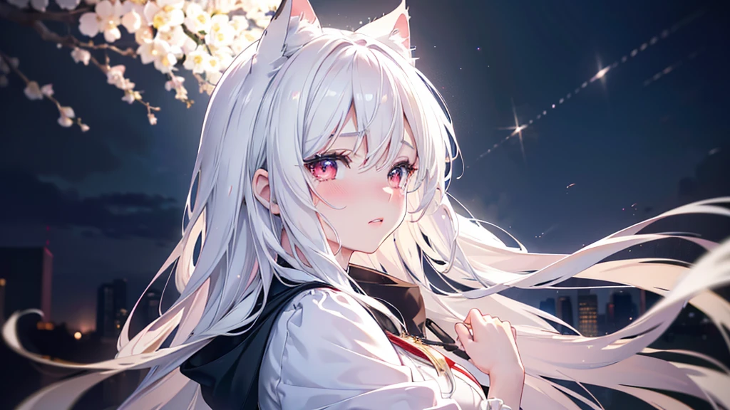 a girl with red eyes, blushing cheeks, cat ear hood, side profile view, looking down, simple background, very long hair, white hair, crying expression, wearing a white dress, anime style, sparkle effect, (best quality,4K,8k,highres,masterpiece:1.2),ultra-detailed,(realistic,photorealistic,photo-realistic:1.37),detailed eyes,detailed nose,detailed lips,longeyelashes,realistic,melancholic,sad,emotional,night,late night
Spread her hands and spin around on the spot
立ち絵, Vanishing Point, distant view
fairy