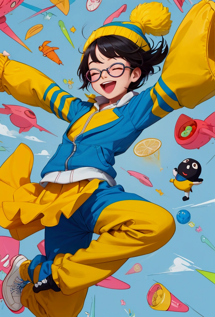 The image you uploaded features a cheerful cartoon character, who appears to be a child, jumping in the air with arms raised in excitement. Here's a description of the character and the scene that you might use as a prompt:

"A cute, cartoon-style character of a joyful child leaping in mid-air with both arms raised high. The child is wearing a yellow beanie hat, round glasses, and a vibrant outfit consisting of a blue jacket, a yellow shirt, and blue pants. The shoes are black, and the child’s expression is one of pure happiness, with a wide smile and closed eyes, emphasizing the excitement and energy of the scene."

Would you like to create a new image based on this prompt, or do you need any further adjustments?