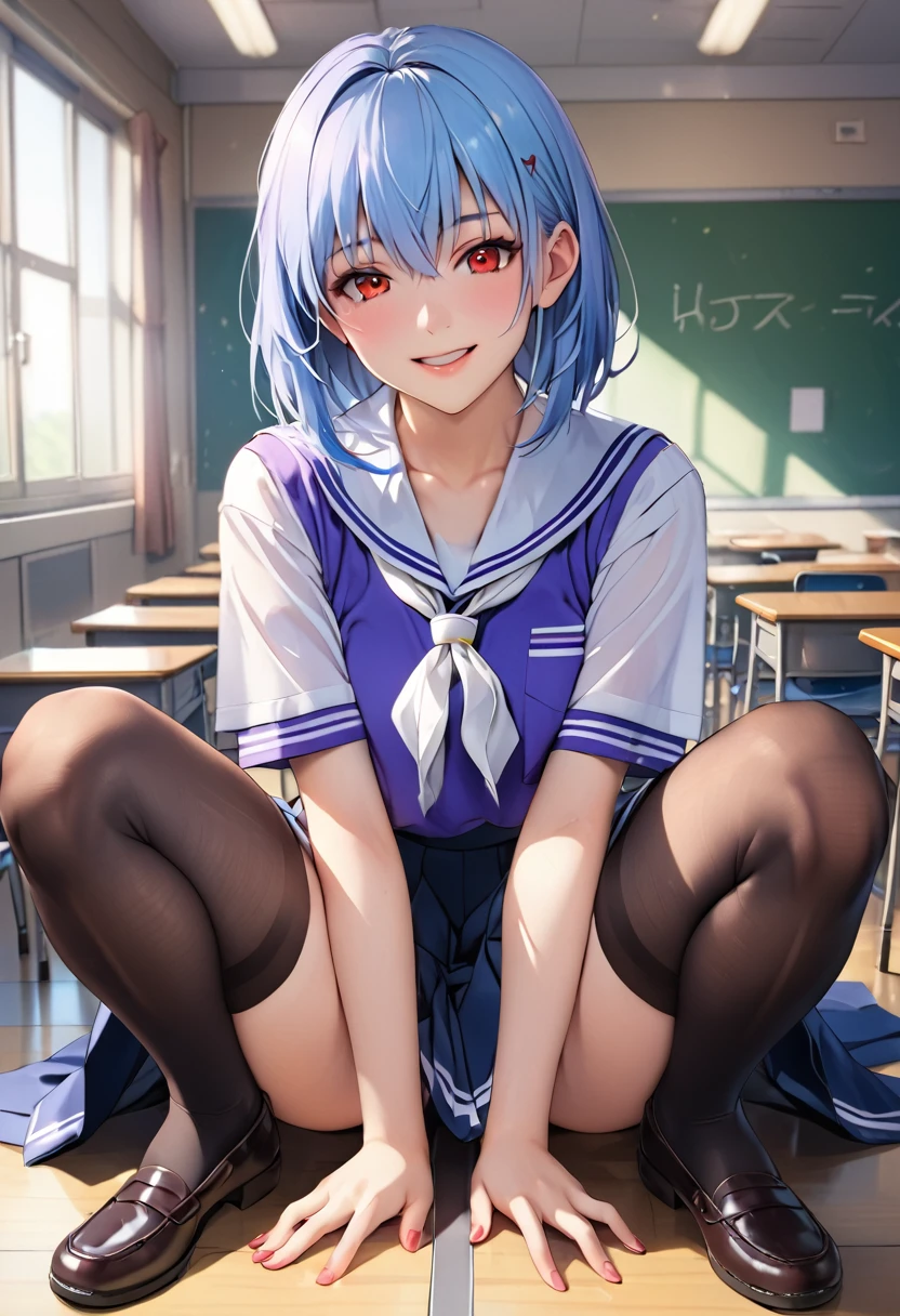 (high resolution),(high resolution),(High definition),(8K), 1girl, squatting, School_uniform_Purple_shirt_Blue_skirt_White_neckerchief_Black_thighhighs、In the high school classroom, lying floor, spread legs, shirts lift, show breasts, smile, open wide legs, rei ayanami, ayanami rei, blue hair, short hair, red eyes,