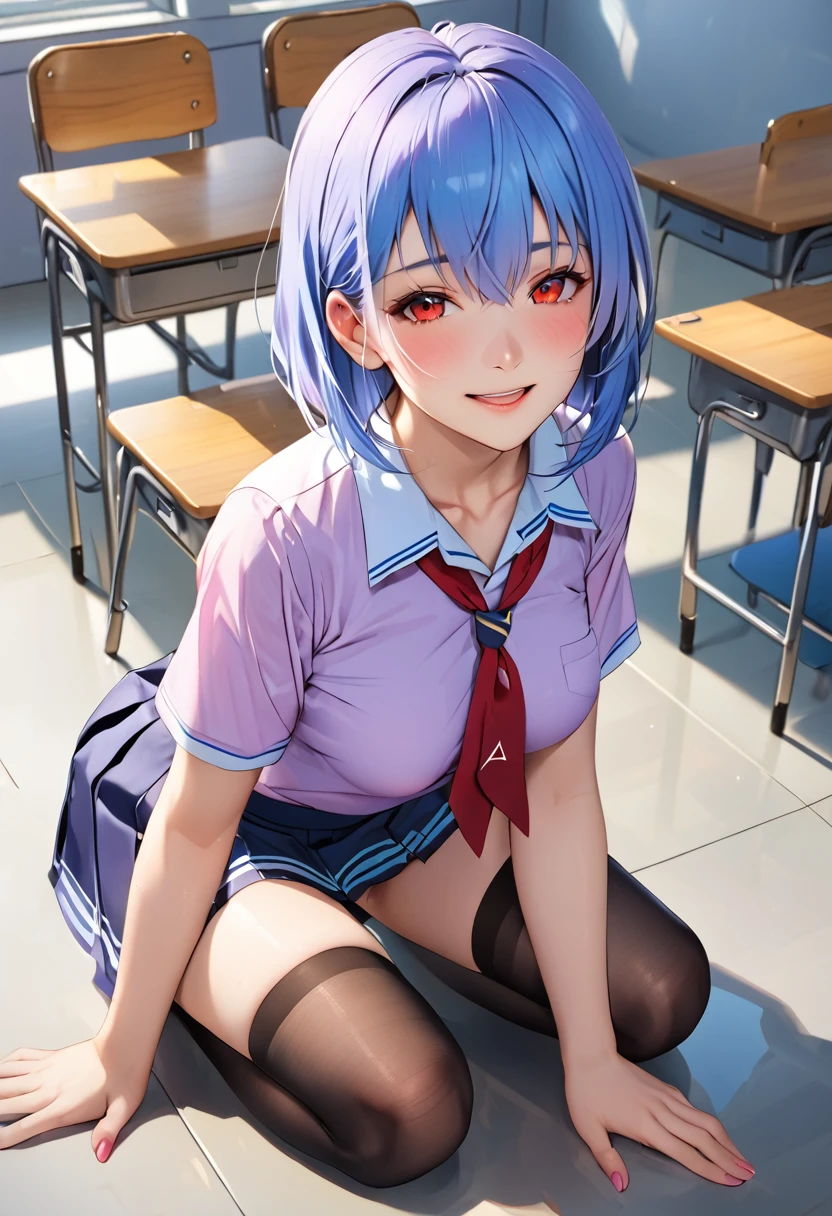 (high resolution),(high resolution),(High definition),(8K), 1girl, squatting, School_uniform_Purple_shirt_Blue_skirt_White_neckerchief_Black_thighhighs、In the high school classroom, lying floor, spread legs, shirts lift, show breasts, smile, open wide legs, rei ayanami, ayanami rei, blue hair, short hair, red eyes,