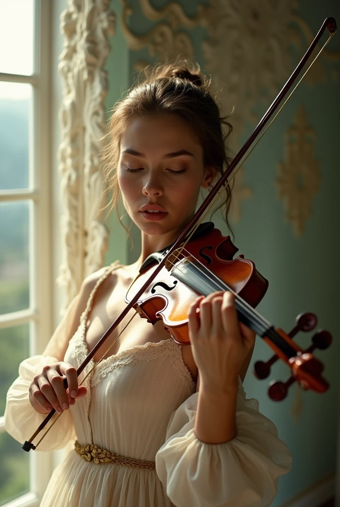 A photo of a woman holding a violin，Ultra-high definition images，Hasselblad 100-megapixel camera，Anna Fuseli, Inspired by Adolf Hirschl (Adolf Hirémy-Hirschl), author：Anna Fuseli, author：Maria Johanna Goertz, 受 Eva Švankmajerová, inspired by Louisa Matthíasdóttir