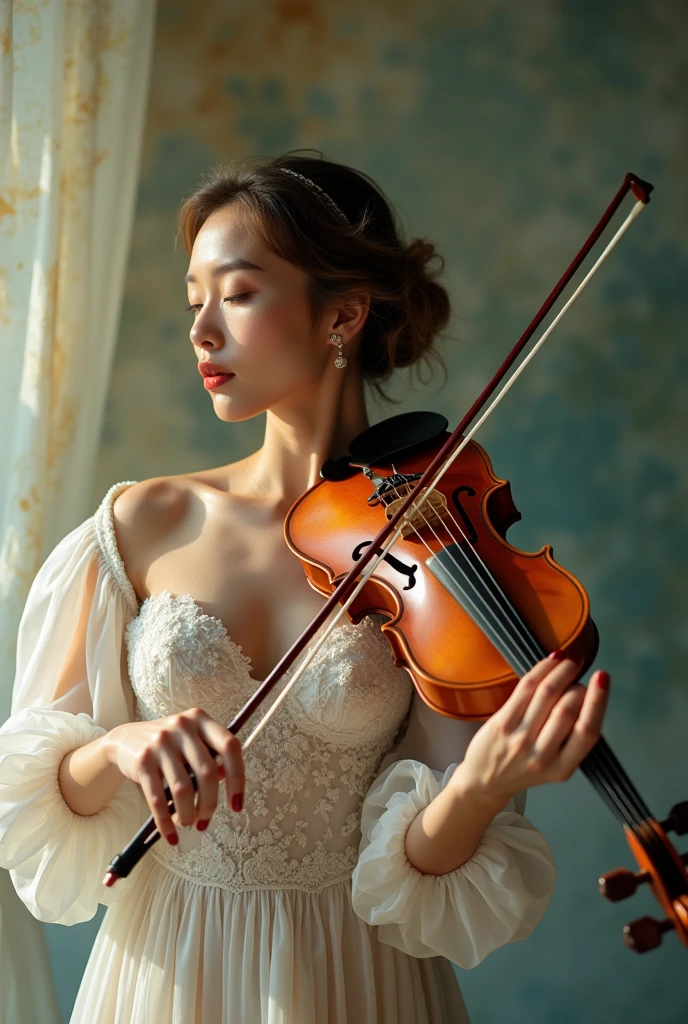 A photo of a woman holding a violin，Ultra-high definition images，Hasselblad 100-megapixel camera，Anna Fuseli, Inspired by Adolf Hirschl (Adolf Hirémy-Hirschl), author：Anna Fuseli, author：Maria Johanna Goertz, 受 Eva Švankmajerová, inspired by Louisa Matthíasdóttir