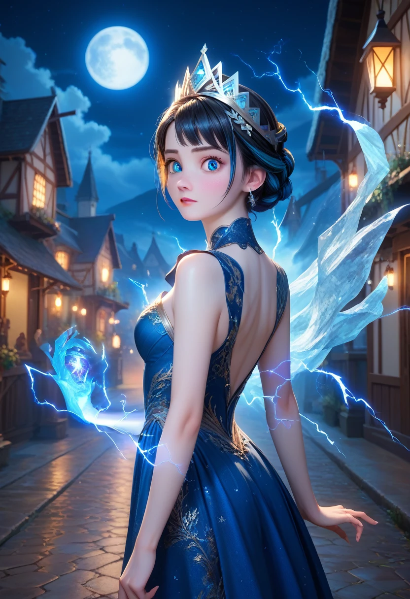 score_9,score_8_up,score_7_up,masterpiece,best quality,perfect anatomy,very aesthetic,official art,8k,night, ((1 girl)), One, masterpiece, 8k wallpaper, a high resolution, absurdity, high quality background, short hair, black hair, multicolored hair, beautiful frozen village, (Full Bright Moon), Blue dress, detailed dress, Jewelry dress, (magic:1.2), blue fire, Blue eyes, sparkling eyes, fire, Ice Goddess, (Blue detailed beautiful crown), electricity, blue electricity, Blue light particles