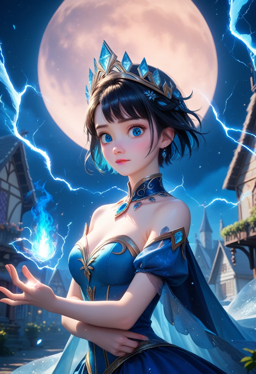 score_9,score_8_up,score_7_up,masterpiece,best quality,perfect anatomy,very aesthetic,official art,8k,night, ((1 girl)), One, masterpiece, 8k wallpaper, a high resolution, absurdity, high quality background, short hair, black hair, multicolored hair, beautiful frozen village, (Full Bright Moon), Blue dress, detailed dress, Jewelry dress, (magic:1.2), blue fire, Blue eyes, sparkling eyes, fire, Ice Goddess, (Blue detailed beautiful crown), electricity, blue electricity, Blue light particles