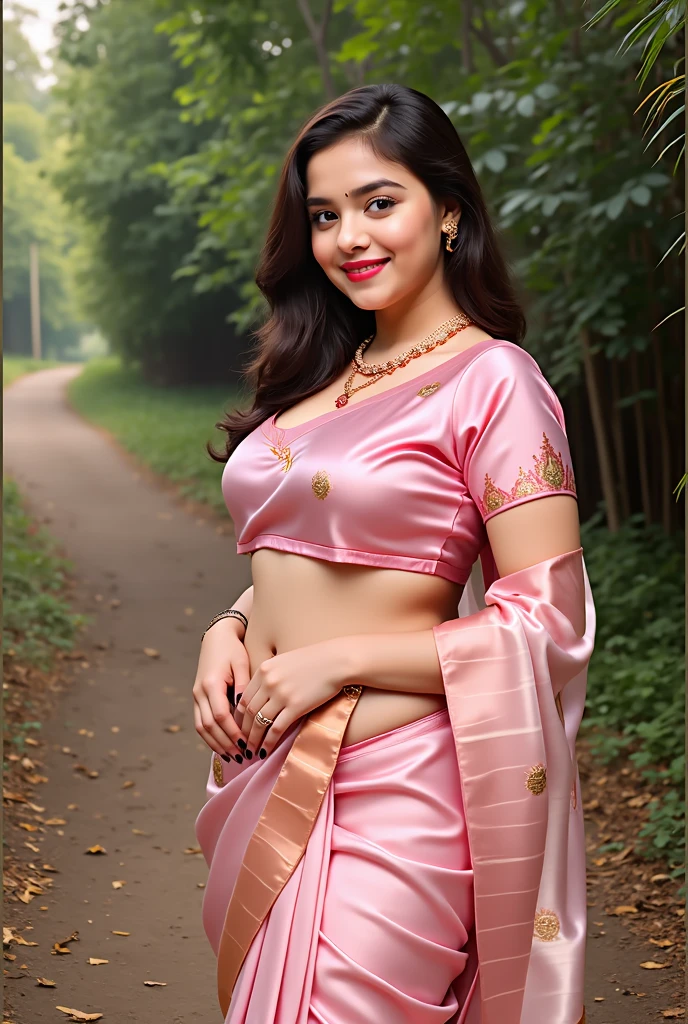 (cold girl, beautiful teenage,:18.7 (confidence,:4.5, smile,:0.0, ((diamond body shape)), weight,:57.7kg plus size body,:0.8.5, wearing silk saree colour heavy light pink in forest had to legs view (RateRacing quality 99999million pixels Realistic Body
