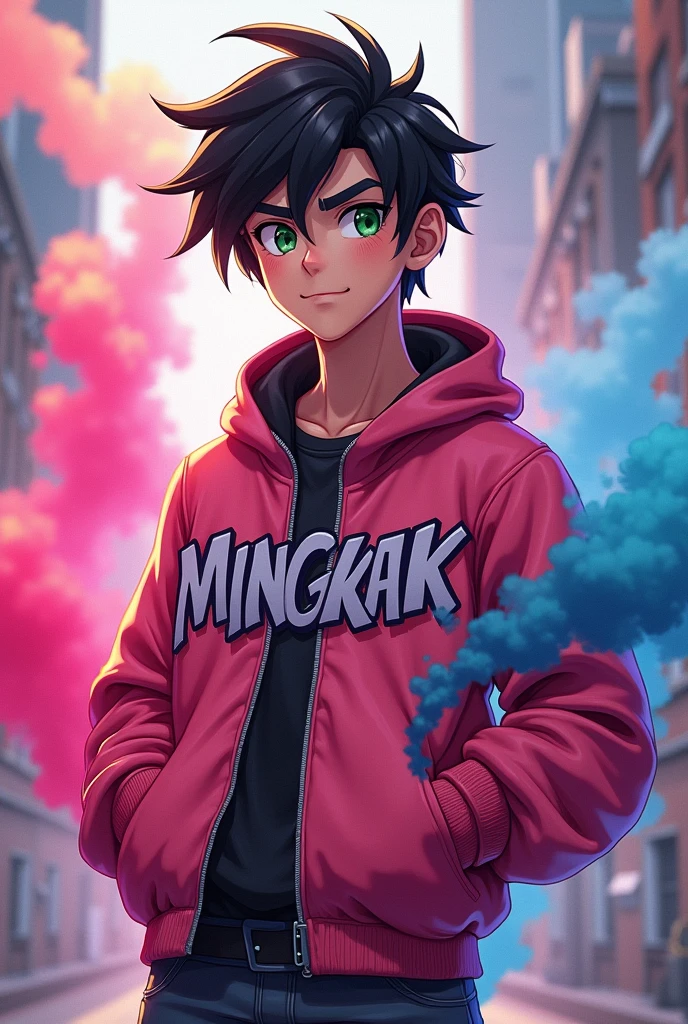 Create a 3D illustration of a 25 year old boy wearing a pink jacket with the words “MINGKAK” smoke artistically forming a frame edit Photoshop Computer named. Anime style