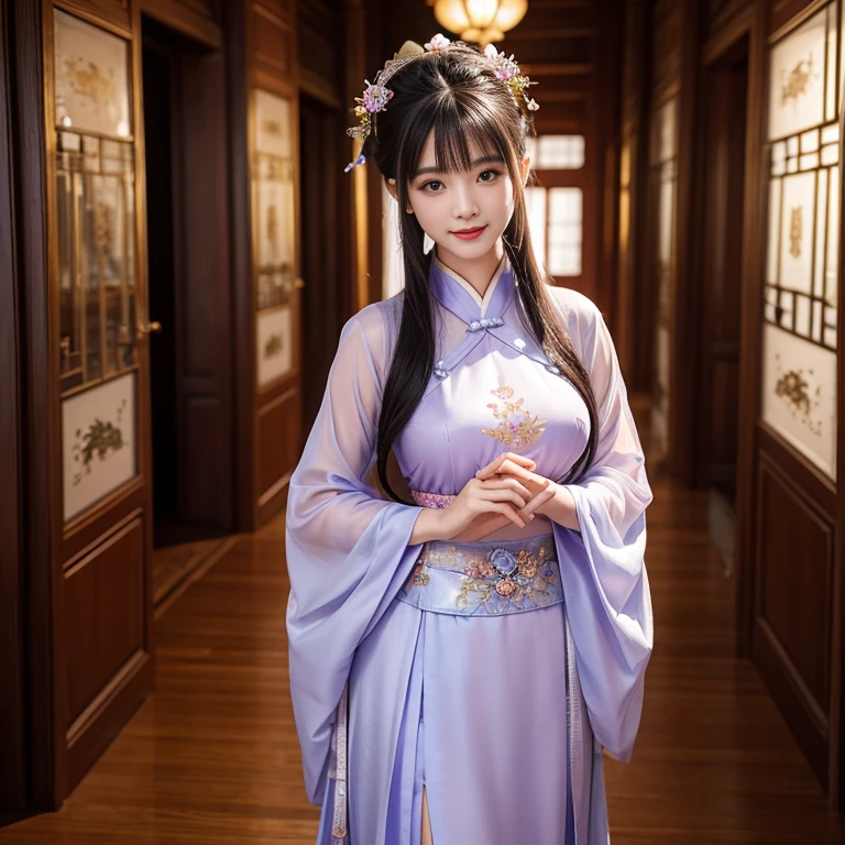 Sideways photo,laughing out loud,best quality, Delicate face,beautiful visual work, lifelike, eternity, black hair, Long curly hair, blunt bangs, Smile, Detailed Background, Delicate face,blush,cold,((masterpiece))、(top quality)、8k、high detail、Super detailed,31 years old female,Wearing Tang Dynasty Hanfu、waist skirt, Clothes are light and fluffy,Hanfu, wide sleeves, Transparent sleeves, Tunic, Clothes made of chiffon, Seductive and whimsical style、masterpiece、born、Scenes resembling fairy tale illustrations、Intricate details and complex designs、Beautifully、magic、capricious、 Beautifully、Dream aesthetics、「𝓡𝓸𝓶𝓪𝓷𝓽𝓲𝓬、ethereal、charming、fickle、magic」、Realism、Visual effects、FXAA、SSAO、Shaders、voiceless、ambient lighting、Tone mapping、High resolution、Ultra high quality、Million pixels、(8K resolution:1.10)、8k、Below 8K、8K resolution、high detail、intricate details, (high quality:1.2、masterpiece:1.2、:1.21)、(31 years old female:1.21)、(Smile excitedly)、(full-body shot,Normal 2 feet,Put your hands behind you,The protrusion of the breast is visible when wearing clothes, Large Breasts, H cup chest, antiquity, Xian Xia, gauze clothes, Soft and fluttering, Fairy, dream, fantasy, light, elegant, nature, Immortal, romantic, classical, ribbon, light purple clothes, In the Forbidden City corridor,Chinese Palace Corridor,imperial palace,Palace corridor,full length shot