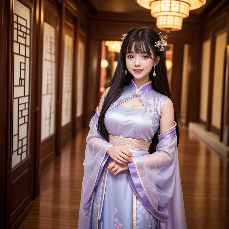 Sideways photo,laughing out loud,best quality, Delicate face，beautiful visual work, lifelike, eternity, black hair, Long curly hair, blunt bangs, Smile, Detailed Background, Delicate face，blush，cold，((masterpiece))、(top quality)、8k、high detail、Super detailed，31 years old female，Wearing Tang Dynasty Hanfu、waist skirt, Clothes are light and fluffy，Hanfu, wide sleeves, Transparent sleeves, Tunic, Clothes made of chiffon, Seductive and whimsical style、masterpiece、born、Scenes resembling fairy tale illustrations、Intricate details and complex designs、Beautifully、magic、capricious、 Beautifully、Dream aesthetics、「𝓡𝓸𝓶𝓪𝓷𝓽𝓲𝓬、ethereal、charming、fickle、magic」、Realism、Visual effects、FXAA、SSAO、Shaders、voiceless、ambient lighting、Tone mapping、High resolution、Ultra high quality、Million pixels、(8K resolution:1.10)、8k、Below 8K、8K resolution、high detail、intricate details， (high quality:1.2、masterpiece:1.2、:1.21)、(31 years old female:1.21)、(Smile excitedly)、(full-body shot，Normal 2 feet，Put your hands behind you，The protrusion of the breast is visible when wearing clothes, Large Breasts, H cup chest, antiquity, Xian Xia, gauze clothes, Soft and fluttering, Fairy, dream, fantasy, light, elegant, nature, Immortal, romantic, classical, ribbon, light purple clothes, In the Forbidden City corridor，Chinese Palace Corridor,imperial palace,Palace corridor，full length shot