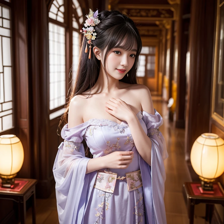 Sideways photo,laughing out loud,best quality, Delicate face,beautiful visual work, lifelike, eternity, black hair, Long curly hair, blunt bangs, Smile, Detailed Background, Delicate face,blush,cold,((masterpiece))、(top quality)、8k、high detail、Super detailed,31 years old female,Wearing Tang Dynasty Hanfu、waist skirt, Clothes are light and fluffy,Hanfu, wide sleeves, Transparent sleeves, Tunic, Clothes made of chiffon, Seductive and whimsical style、masterpiece、born、Scenes resembling fairy tale illustrations、Intricate details and complex designs、Beautifully、magic、capricious、 Beautifully、Dream aesthetics、「𝓡𝓸𝓶𝓪𝓷𝓽𝓲𝓬、ethereal、charming、fickle、magic」、Realism、Visual effects、FXAA、SSAO、Shaders、voiceless、ambient lighting、Tone mapping、High resolution、Ultra high quality、Million pixels、(8K resolution:1.10)、8k、Below 8K、8K resolution、high detail、intricate details, (high quality:1.2、masterpiece:1.2、:1.21)、(31 years old female:1.21)、(Smile excitedly)、(full-body shot,Normal 2 feet,Put your hands behind you,The protrusion of the breast is visible when wearing clothes, Large Breasts, H cup chest, antiquity, Xian Xia, gauze clothes, Soft and fluttering, Fairy, dream, fantasy, light, elegant, nature, Immortal, romantic, classical, ribbon, light purple clothes, In the Forbidden City corridor,Chinese Palace Corridor,imperial palace,Palace corridor,full length shot