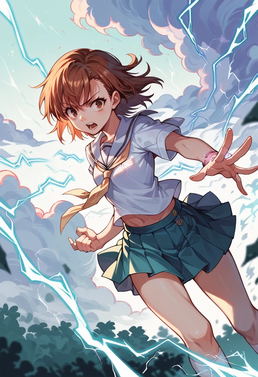 misaka_mikoto, electricity, school_uniform, 1girl, tokiwadai_school_uniform, electrokinesis, psychic, lightning