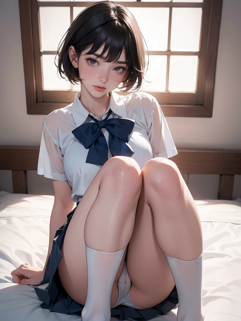 High resolution、high resolution、in 8K、Real Live Action、RAW Photosgraphy、Highest quality、masterpiece、Tabletop、erotic、、studee bra,White skin,knees、(Skin-colored pantyhose)、Detailed Panty Pattern、Panty Focus、White lace panties、absurdists,Small Face、Part your bangs down the middle、The forehead is visible,(Cold look<Squinting my eyes,Glare,strong,Light anger)、masterpiece,Highest quality、超High resolution,RAW Photos,Only,Beautiful poop,one person, one person,Dark look,Small breasts,whole body、very nice、JK Uniform,(Photorealistic:1.37)、Photon Mapping,Light blue ribbon,Realistic、Cute Face,Brown eye、12 years、(Ree)、Physics-based only dulling、prospect、Depth of written boundary、Blurred Background、picture,US、body,Beautiful feet, Long legs, Thin legs,Bobcut,(I can see the bangs), Lips, green_eye, Nose Soft,(open-necked white shirt), (Navy Pleated Skirt(Pull up your skirt、White panties are visible), I can see the knees,See-through clothing,Cute Japan、Sparkling eyes、Glossy Lips、Dynamic Pose,Short white socks、Showing the dirty sole of a foot raised in the air.