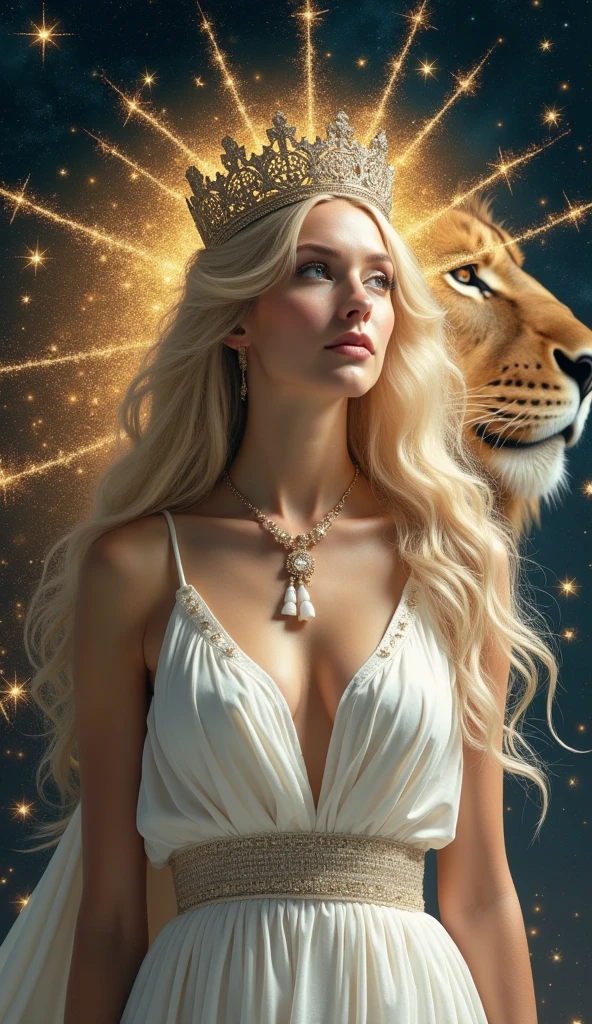 Beautiful blonde woman,Space Background,Leo,goddess,Holy white dress,A lion made of stars behind him,Surrounded by stars,crown,Queen