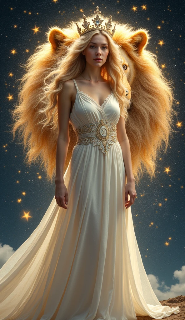 Beautiful blonde woman，Space Background，Leo，goddess，Holy white dress，A lion made of stars behind him，Surrounded by stars，crown，Queen