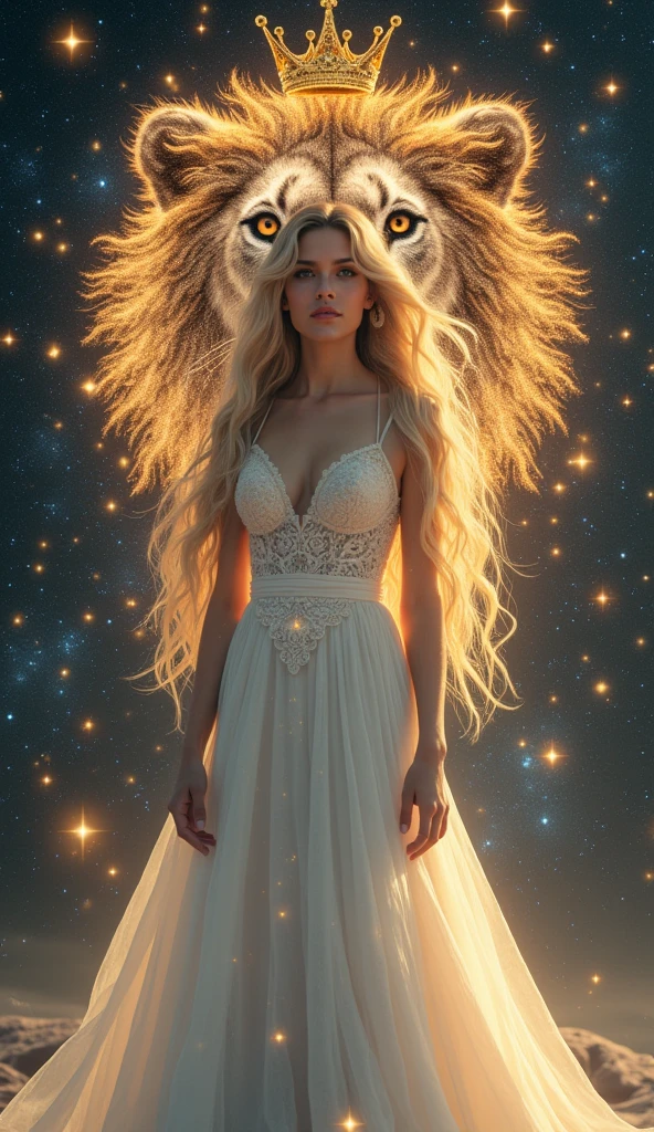 Beautiful blonde woman,Space Background,Leo,goddess,Holy white dress,A lion made of stars behind him,Surrounded by stars,crown,Queen