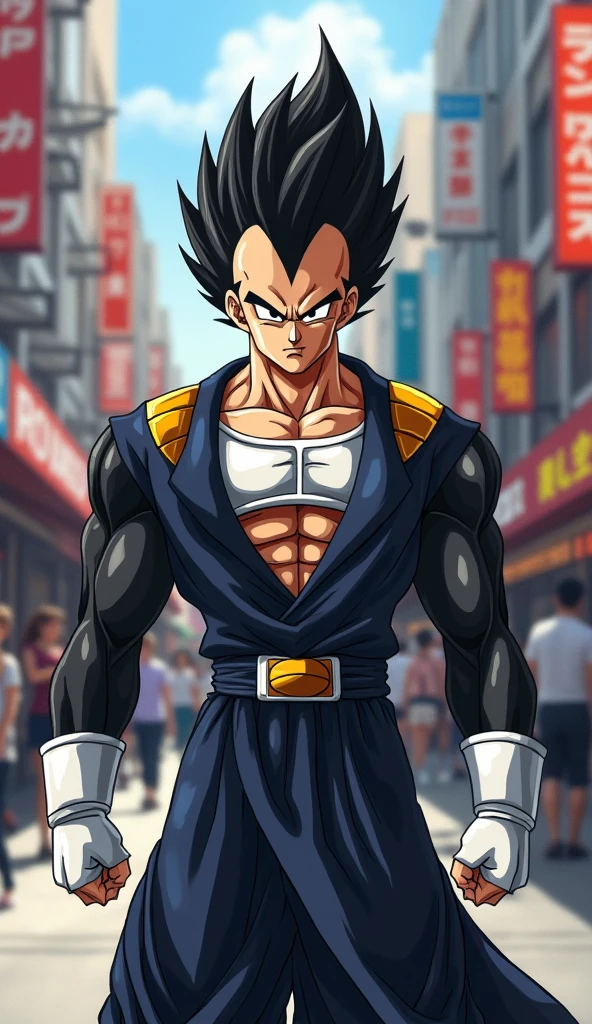 Vegeta, Dragon Ball Z, wearing a modern outfit, looking proud, 8k quality, very detailed, awesome pose, streets background, realistic, half body picture, portrait picture, black saiyan hair, realist art style, (non cartoonish)