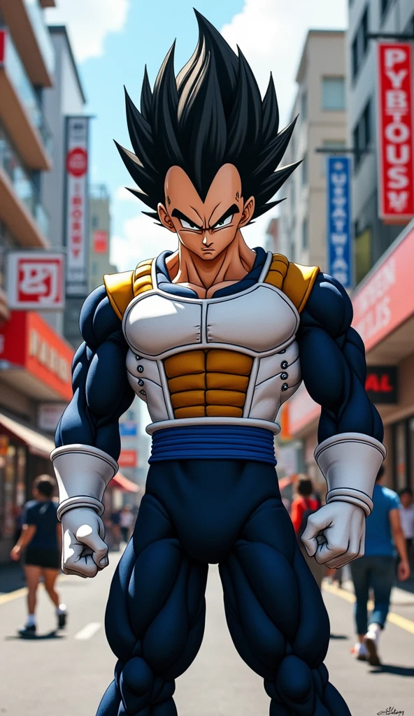 Vegeta, Dragon Ball Z, wearing a modern outfit, looking proud, 8k quality, very detailed, awesome pose, streets background, realistic, half body picture, portrait picture, black saiyan hair, realist art style, (non cartoonish)