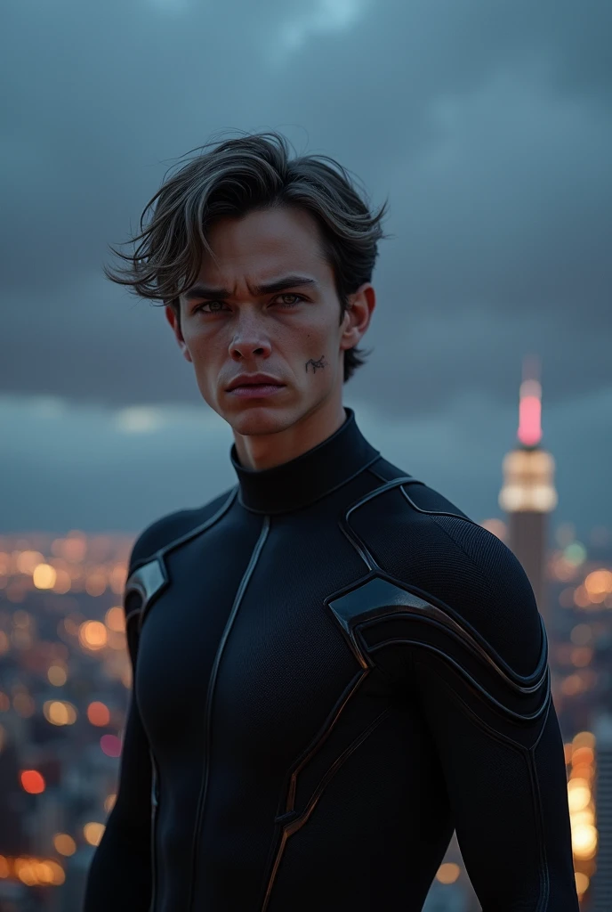 Tom Holland stands on a tall building with an angry look at night. He has a scratch on his cheek and a split lip. He is wearing a high-tech black spy suit. Part of his hair is dyed gray. He stands with a serious expression.