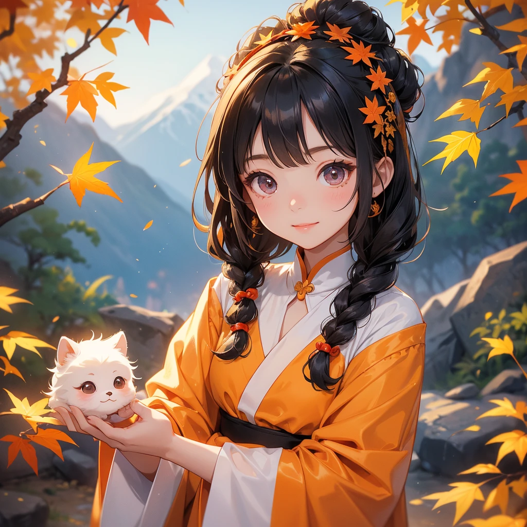 A chibi child girl had a small face and Wearing a white little Taoist priest's outfit. A pair of big round eyes shone with curiosity about him. This child was so cute!, Burning joss paper and gold paper for the departed spirits, her hair is black with two buns on her hair.small chibi, chibi baby, smiling.
The little chibi baby looked up with his chest raised, and his face was old and proud.
The backdrop is a mountain that turns orange-red in spring, and maple leaves fall from the trees.