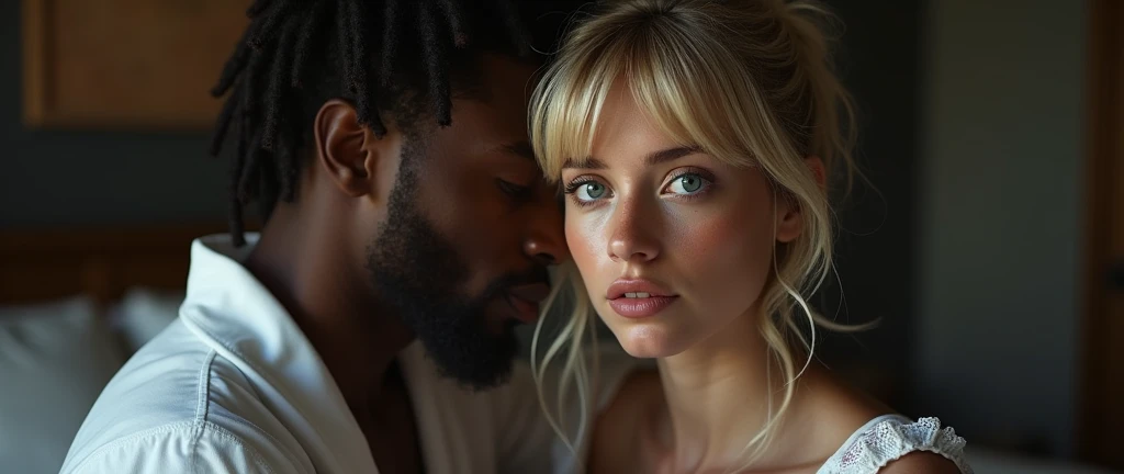 (Photorealsitic:1.4), (masterpiece:1.3), (top-quality:1.4), ultrarealistic, HD 8k,
sexy well proportioned full body of
((innocent and (sexy) little 25 years woman) and
(tall (muscular) black man )),
man lycra black thong, powerful jaw, detailed medium dreadlocks, dominant, big muscular arms, wide chest, narrow waist, strong legs, clean face,
she bright expression, extremely beautyful, amazing beautyful, extraordinary beautiful, Detailed cute and beautiful face, beautiful big blue eyes,freckles, medium styllish blonde hair, perky small nose, thin red lips, Beautiful bangs, Glowing white shiny skin, Bangs that extend to the face, tight body, tonned abs, sexy pert buttocks, subtle makeup, extremely pale woman, extremely pale skin, extremely sexy beautyful legs, tonned legs, sexy rounded tight ass,
(cozy night bedroom),
alternative vibe,vibrant lighting, high contrast,dramatic shadows,highly detailed,detailed skin,depth of field,dynamic angle,glimmer lighting, film grain,
woman (white plain ((translucent robe)), pink undies) , extremely translucent robe,
man lycra short briefs,
full body view, woman sitting in lap's man, (man hands on her hips), full standing view, desire look, sexy bite lips , 5 toes, perfect feet, passionate pose, ((uncovered body)), full body exposed, (no deformations), (no tattoos), (perfect fingers), extremely explicit and erotic, detailed breast