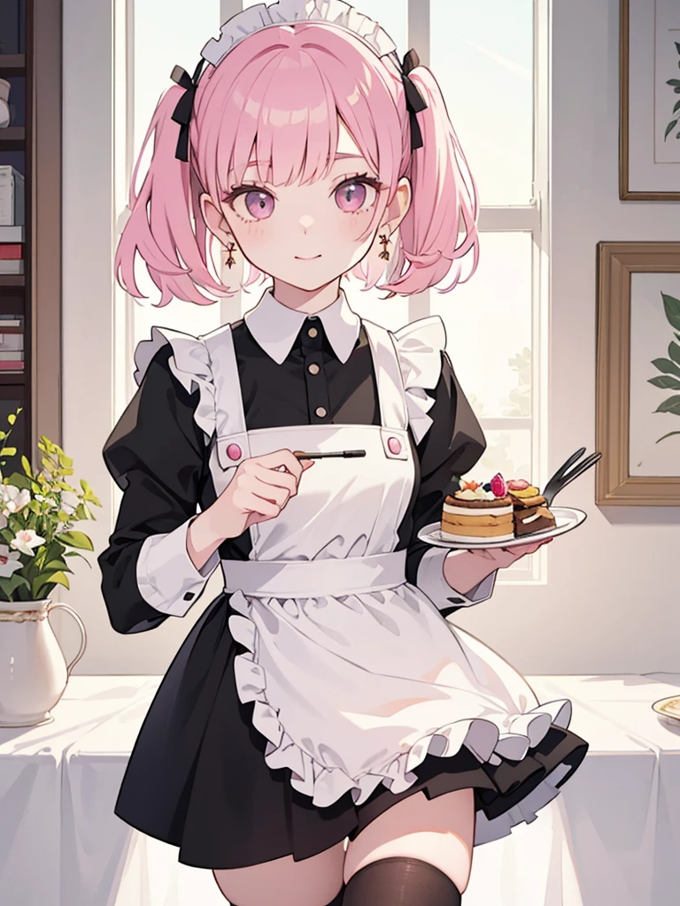 High resolution, masterpiece, accurate, Highest quality, High detail, Create an illustration of the character with detailed eye makeup accented with pink eyeshadow that fades to a lighter color towards the inner corners of the eyes. Thick, long eyelashes and soft, arched eyebrows complement it. The character has a unique hairstyle with straight cut bangs that frame her face, hair pulled into small twin tails secured with a pink band that matches the eyeshadow, and the rest of the hair hanging naturally a little longer than her shoulders. Her ears are adorned with multiple earrings, including studs and hoops, adding a playful touch to the overall aesthetic. She wears a classic maid outfit consisting of a black dress, a very short skirt with a small glimpse of her white panties, a white apron with ruffled trim, pink ribbons on the sides, and black thigh-high stockings. She holds a tray of parfait desserts, and her serene expression and gentle smile exude elegance. The overall aesthetic is soft, adorable, and subtly sexy, with an emphasis on the beauty of her face and hair, bringing out intricate, realistic details.
