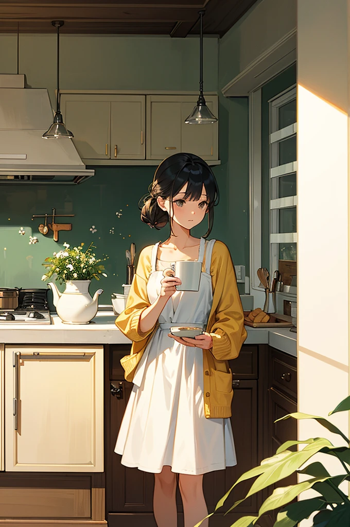 "Generate an illustration of a cozy, sunlit kitchen scene. The artwork should depict a young woman standing by the counter, holding a mug, lost in a moment of quiet reflection. She is dressed in a soft, oversized yellow cardigan with subtle floral patterns, layered over a simple white dress. The kitchen should have a warm, minimalist aesthetic, with details like a potted plant, wooden utensils, and a tray of freshly baked bread. The overall style should evoke a sense of calm, everyday beauty, with gentle, muted colors and soft lines that give the illustration a warm and inviting feel."