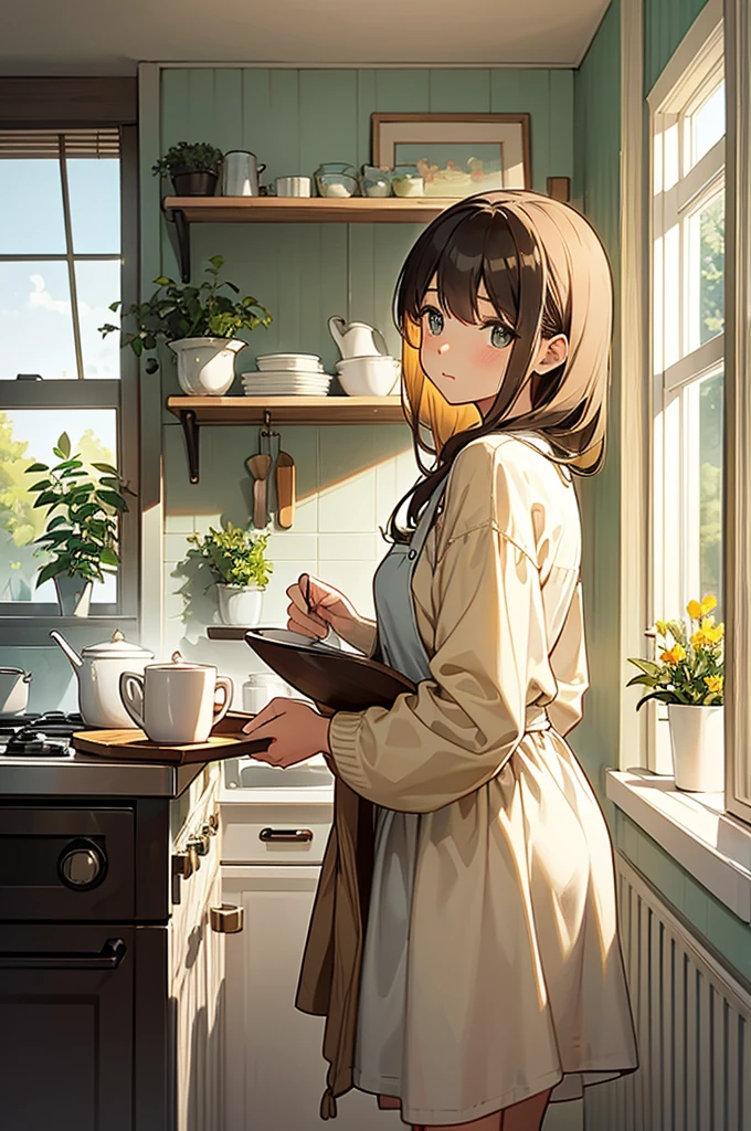 "Generate an illustration of a cozy, sunlit kitchen scene. The artwork should depict a young woman standing by the counter, holding a mug, lost in a moment of quiet reflection. She is dressed in a soft, oversized yellow cardigan with subtle floral patterns, layered over a simple white dress. The kitchen should have a warm, minimalist aesthetic, with details like a potted plant, wooden utensils, and a tray of freshly baked bread. The overall style should evoke a sense of calm, everyday beauty, with gentle, muted colors and soft lines that give the illustration a warm and inviting feel."