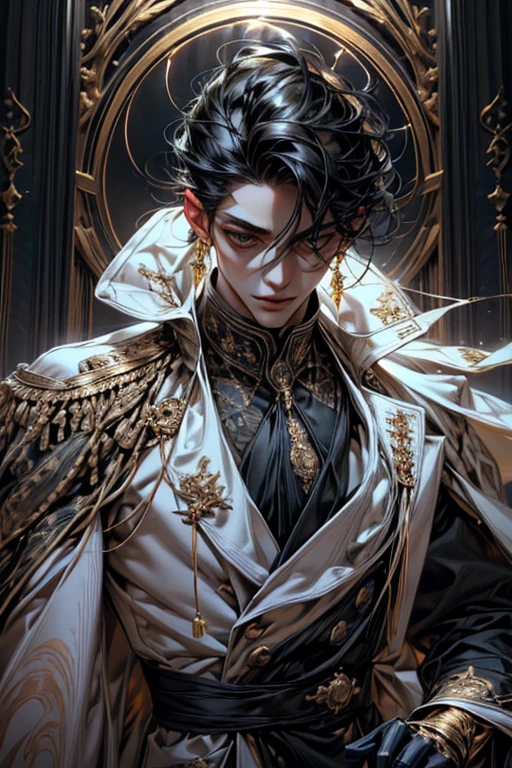 lamplight, Close-up cleavage, Handsome men, gold eyes, (Detailed eyes, The eyes are bright:1.2), Medium long black hair, pale-skinned, ear piercings, medium skin, dark blue coat, Meticulous suit, golden accessories on clothes, dark blue ties (perfect anatomia:1.2), Highqualityshadow, natural  lightting, (White highlights:1.2),overcast day, (starrysky:1.2), (shining)
