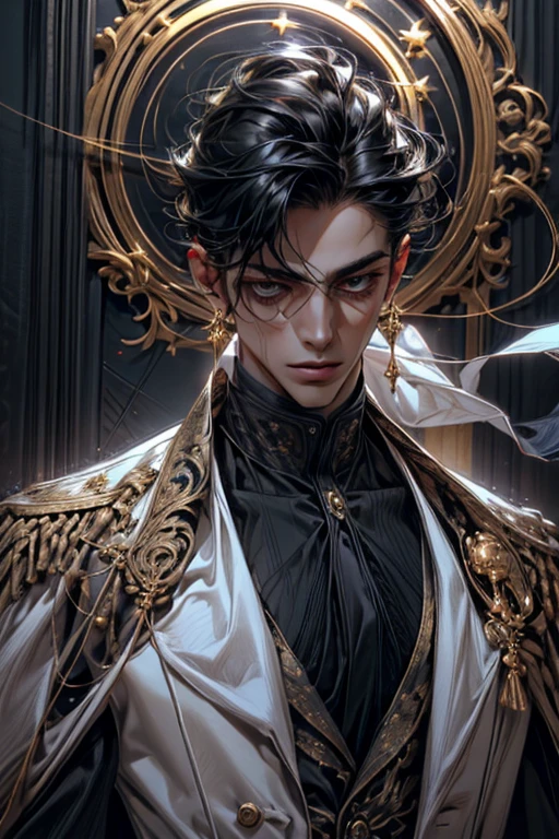 lamplight, Close-up cleavage, Handsome men, gold eyes, (Detailed eyes, The eyes are bright:1.2), Medium long black hair, pale-skinned, ear piercings, medium skin, dark blue coat, Meticulous suit, golden accessories on clothes, dark blue ties (perfect anatomia:1.2), Highqualityshadow, natural lightting, (White highlights:1.2),overcast day, (starrysky:1.2), (shining)
