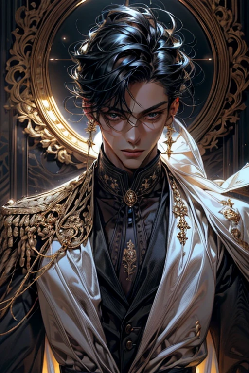 lamplight, Close-up cleavage, Handsome men, gold eyes, (Detailed eyes, The eyes are bright:1.2), Medium long black hair, pale-skinned, ear piercings, medium skin, dark blue coat, Meticulous suit, golden accessories on clothes, dark blue ties (perfect anatomia:1.2), Highqualityshadow, natural lightting, (White highlights:1.2),overcast day, (starrysky:1.2), (shining)