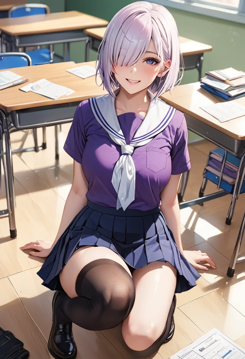 (high resolution),(high resolution),(High definition),(8K), 1girl, squatting, School_uniform_Purple_shirt_Blue_skirt_White_neckerchief_Black_thighhighs、In the high school classroom, lying floor, spread legs, shirts lift, show breasts, smile, open wide legs, fiona frost, white hair, short hair, hair over one eye, grey eyes