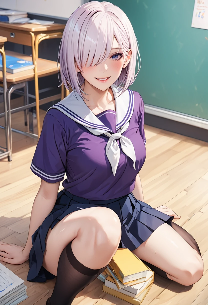 (high resolution),(high resolution),(High definition),(8K), 1girl, squatting, School_uniform_Purple_shirt_Blue_skirt_White_neckerchief_Black_thighhighs、In the high school classroom, lying floor, spread legs, shirts lift, show breasts, smile, open wide legs, fiona frost, white hair, short hair, hair over one eye, grey eyes