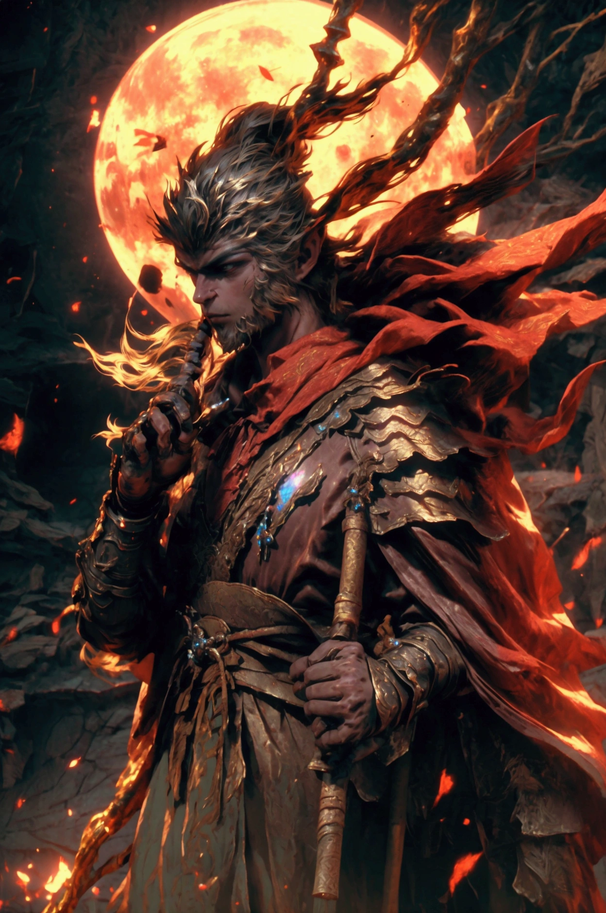 Sun Wukong bard, 3D style face, fierce eyes, holding a golden and red long stick in his hand, wearing Chinese ancient costume armor, epic scene, dark fantasy style, holographic light and shadow, holographic halo, rich background, photo realistic photo, Hyperrealistic, Effects Rich, 3D Art, OC Renderer Rendering, Extremely Fine Detail, Detailed Description, Unreal Engine, Front View, Full Body Shot, Natural Light, Good Viewing angle, 8K, Realistic Details, Ultra HD