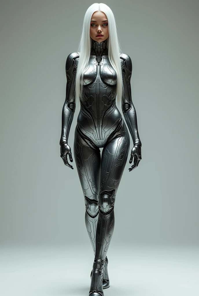 "A full-body image of a futuristic female figure standing upright, combining the elegance of a South American model with advanced AI characteristics. Her entire body is slender and features a design that merges technology with human beauty. Her skin has a metallic tone with a sophisticated pattern in silver and black, seamlessly integrated to form her clothing, as if her skin itself is her attire. Geometric lines interlace in a design reminiscent of ultra-modern armor, covering her body from head to toe. Her face, however, retains a more natural skin tone resembling that of a South American model, blending with the metallic textures around it, creating a striking contrast between human and AI elements. Her hair is long, straight, and pure white, falling softly around her face and down her back, contrasting strongly with both the natural and metallic tones. Her eyes reflect advanced artificial intelligence, glowing with a metallic hue that suggests her analytical capabilities and connection to cutting-edge technology. The overall image is powerful and elegant, showing an entity that is both aesthetically beautiful and highly advanced, standing tall and visible from head to toe, with a perfect fusion of skin, technology, and clothing."