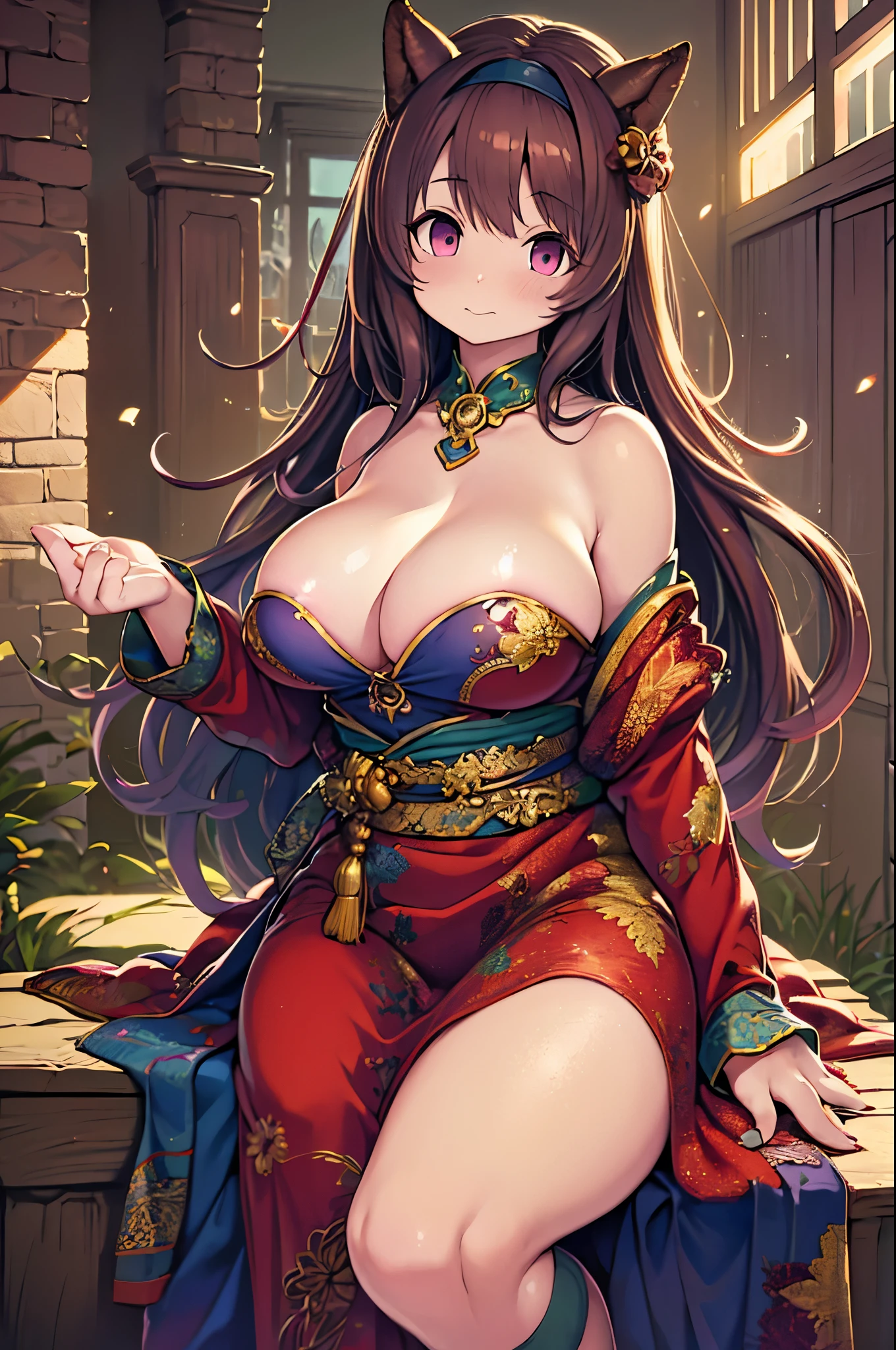 Detailed Background, Tabletop, Highest quality, 1 person , Curly Hair, Long Hair, Purple eyes, Stars in my eyes , Strapless blouse, Long skirt、Big Breasts、Dozen Rose、A rose flower