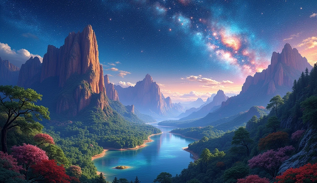 Roger Dean style painting of a landscape with mountains, rivers and forests, with a time lapse of the starry sky