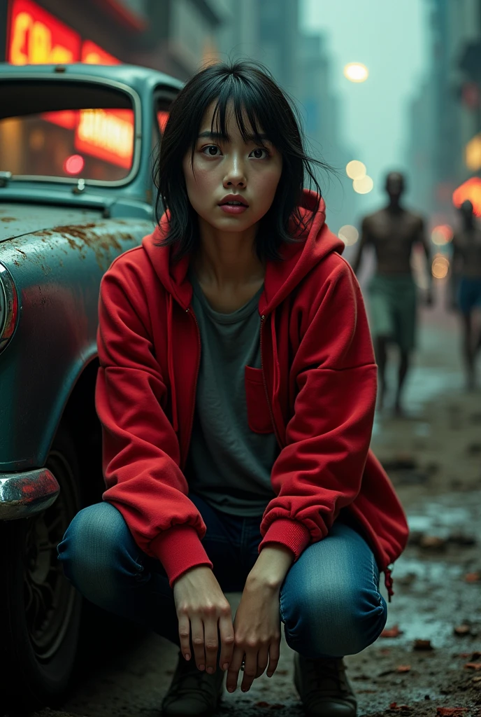 

"A movie poster for 'Zombie Apocalypse: The End of the World,' featuring a 20-year-old woman in a red hoodie and a gray T-shirt with a pocket, hiding beside a car with a terrified expression as zombies walk past. The setting is Bangkok, with dead bodies scattered on the streets."