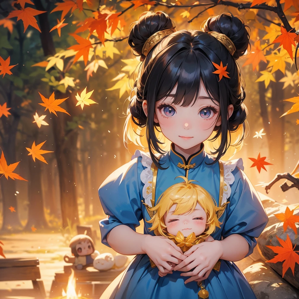 A chibi child girl had a small face and Wearing a blue little Taoist priest's outfit. A pair of big round eyes shone with curiosity about him. This child was so cute!, Burning joss paper and gold paper for the departed spirits, her hair is black with two buns on her hair.small chibi, chibi baby, smiling.

The little chibi baby looked up with his chest raised, and his face was old and proud.

The backdrop is a mountain that turns orange-red in spring, and maple leaves fall from the trees.

 
