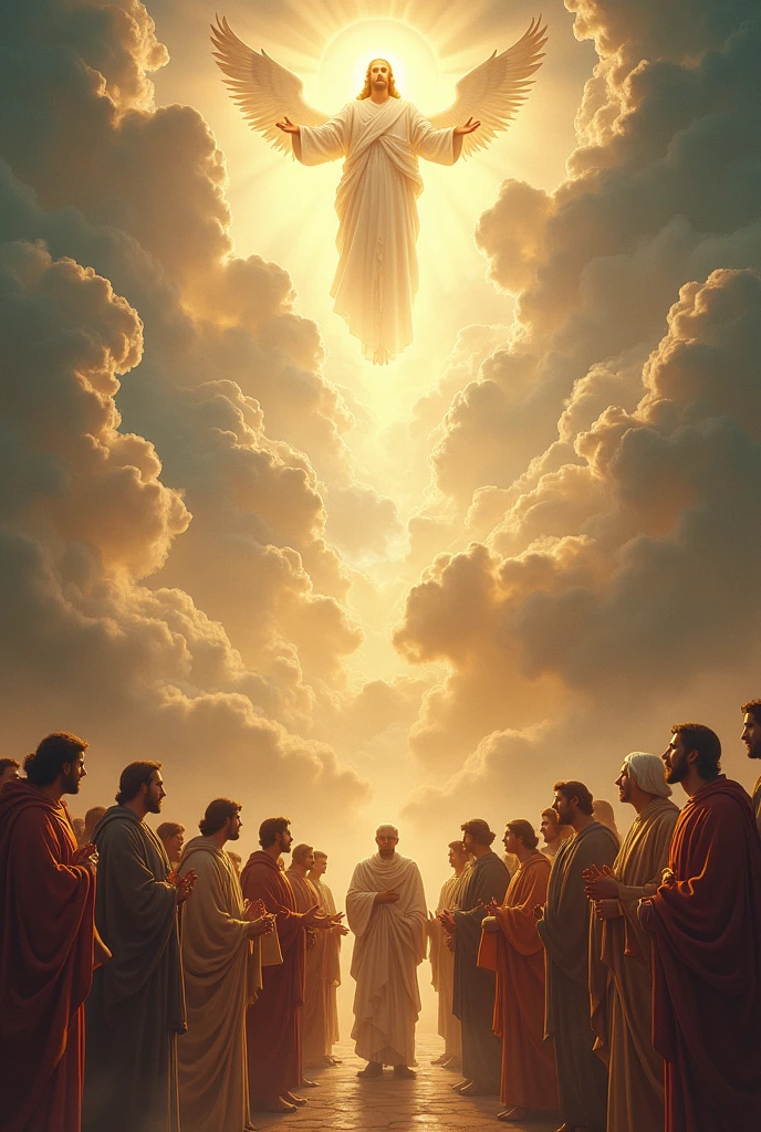 Picture of All Christian saints in a line up, above them angels, above that Joseph, jesus and mary, above them holy spirit in the form of a dove, above that God the father blessing all below