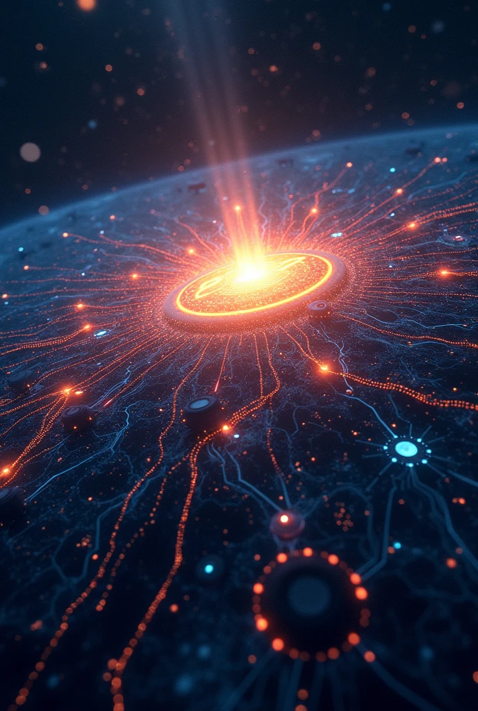 The Universe of Big Data, servers, data streams. Emblems and logos of major data processing and storage companies revolve around a star. On the star are the letters PP. Logo detailing. Equipment detailing. Each orbit is a network wire.